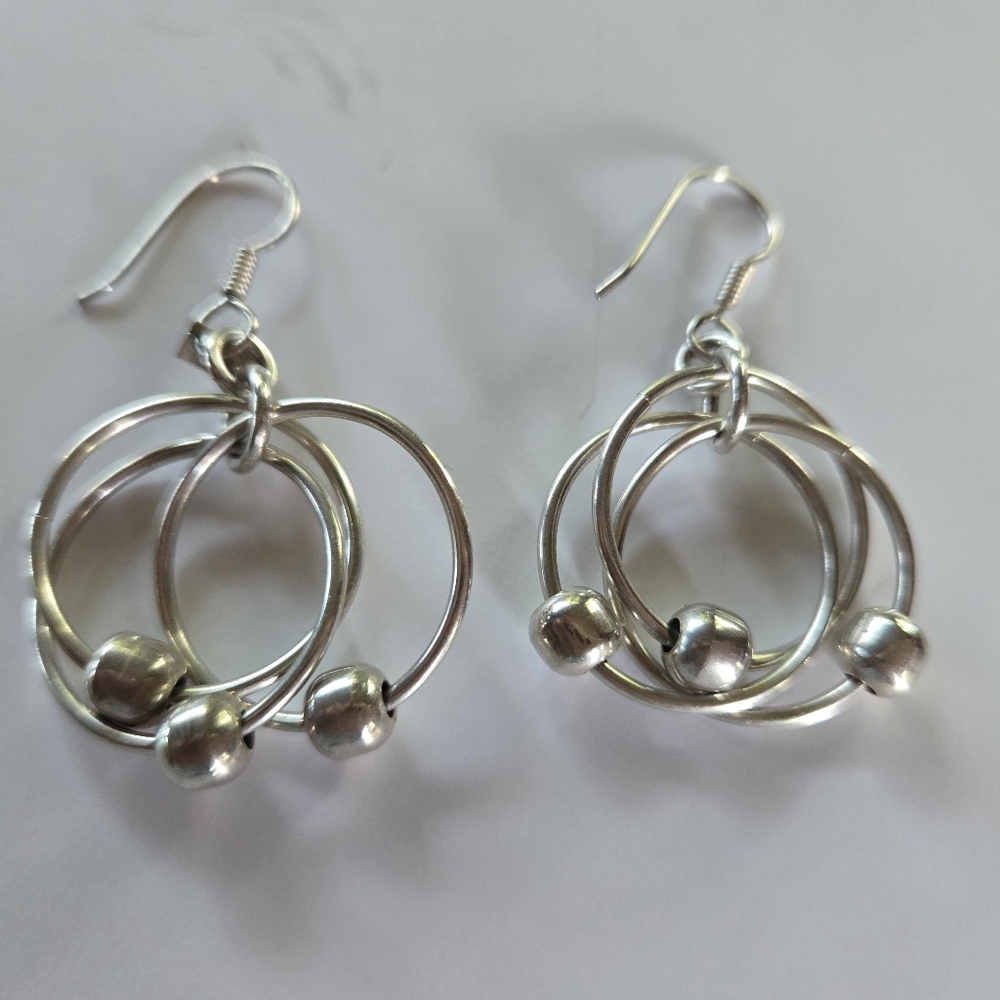 Modernist Sterling Silver Hoop & Ball Dangle Earrings
